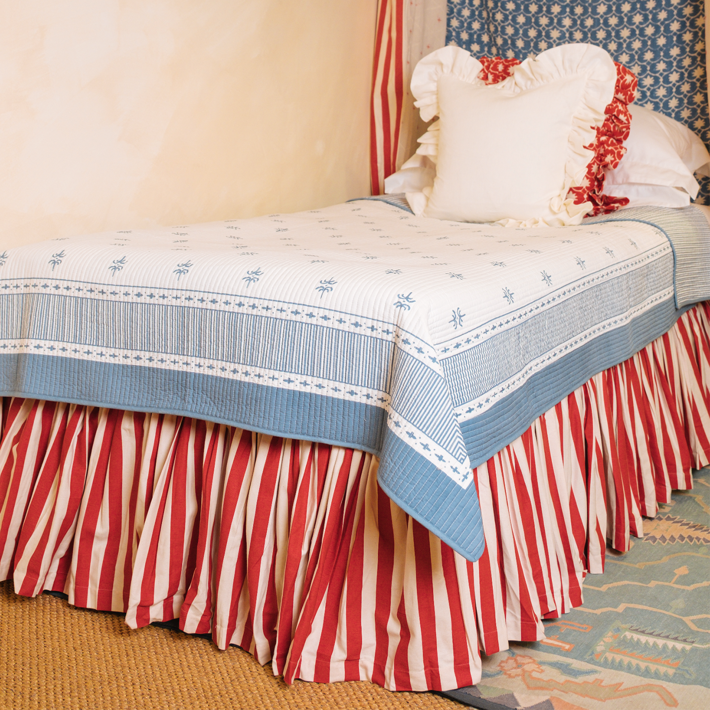 Tangier Red Stripe Ruffle Bed Valance