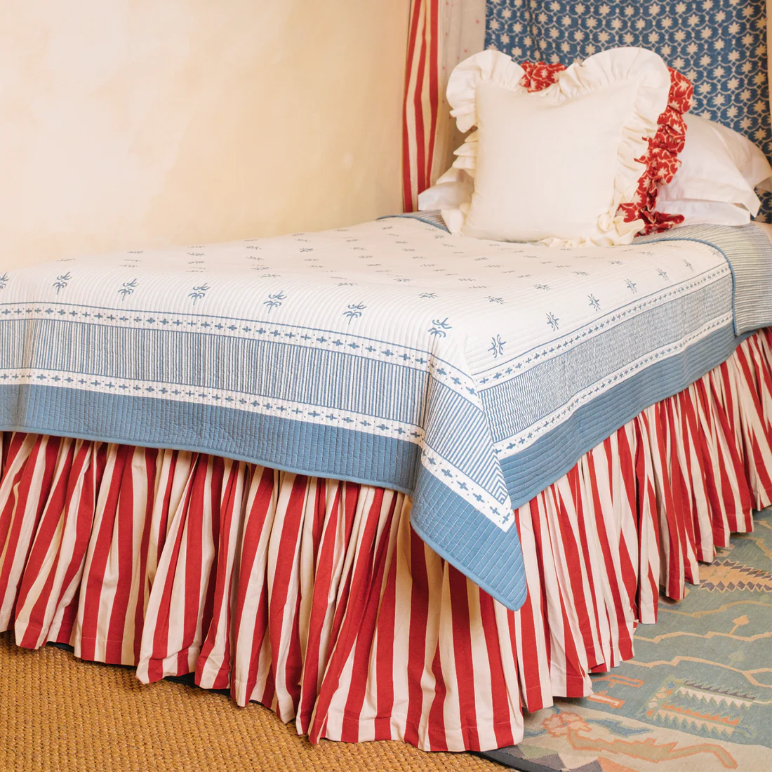CLEARANCE - UK Single Tangier Red Stripe Cotton Ruffle Bed Valance