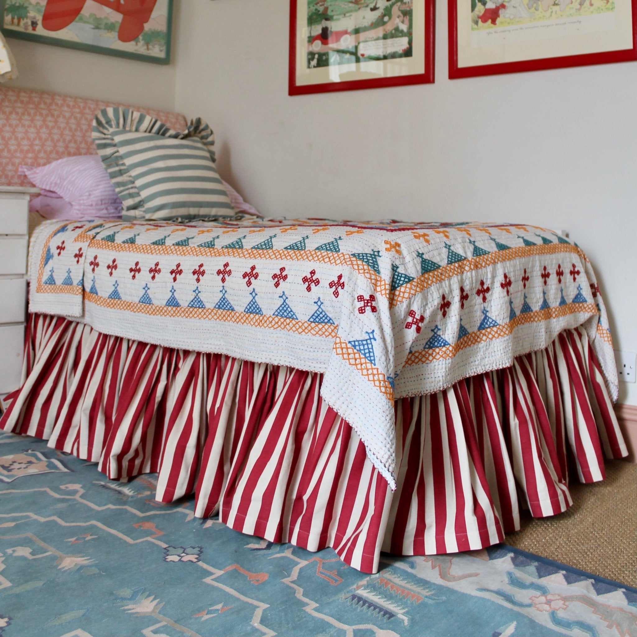 Tangier Red Stripe Ruffle Bed Valance - Alice Palmer & Co