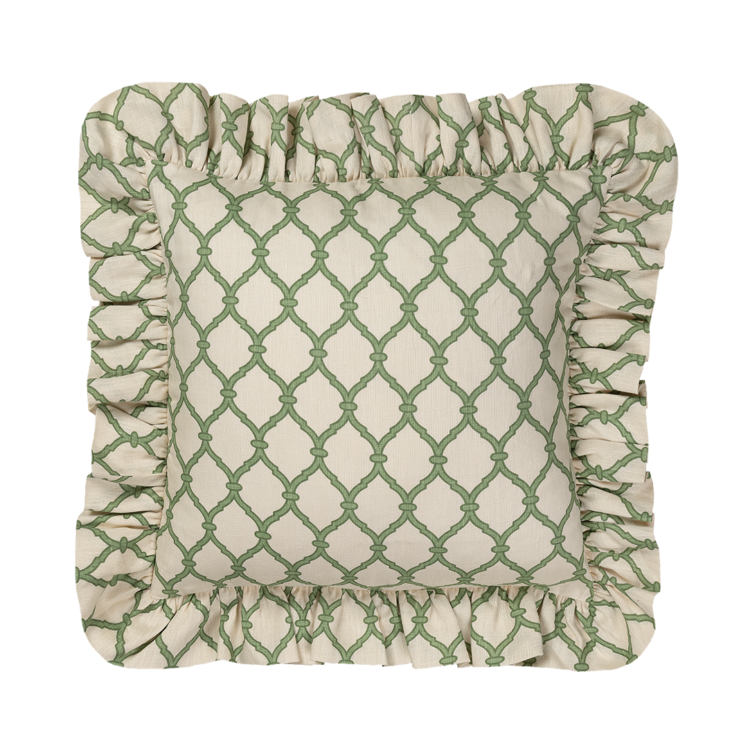 Trellis Linen Frilly Cushion - Garden