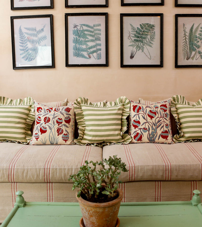 Tangier Olive Stripe Frilly Cushion